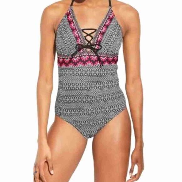 Kona Sol Black White Lace Up Front One Piece Swimsuit - Picture 1 of 12